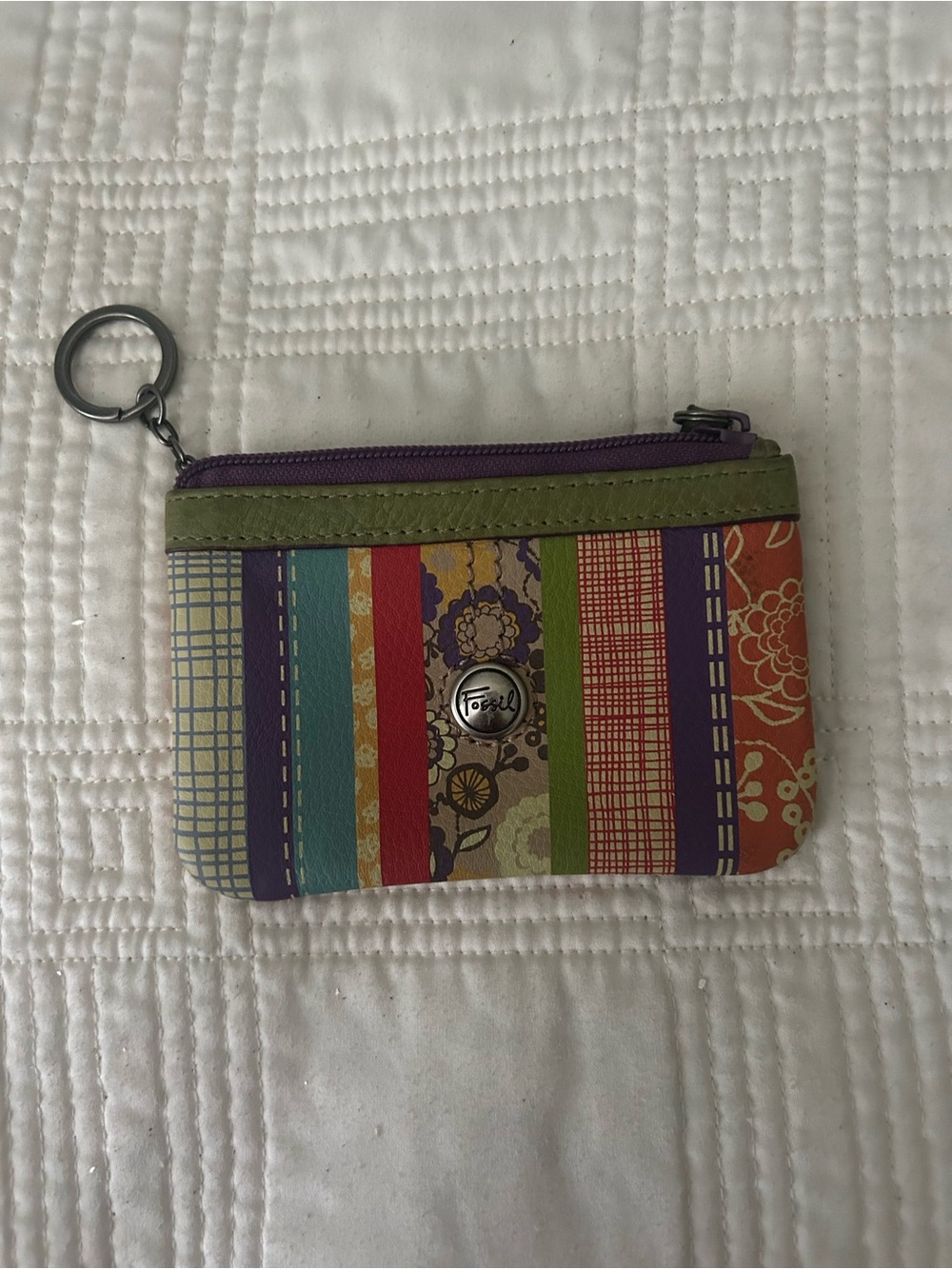 Fossil Striped Multicolor Key Coin Card Pouch with Purple Trim